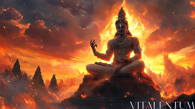 Fiery cosmic yogi crowned in blazing storm of dawnfire.