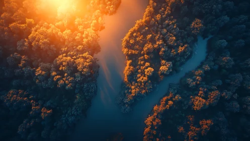 Golden sunrise river cuts through dense forest canopy