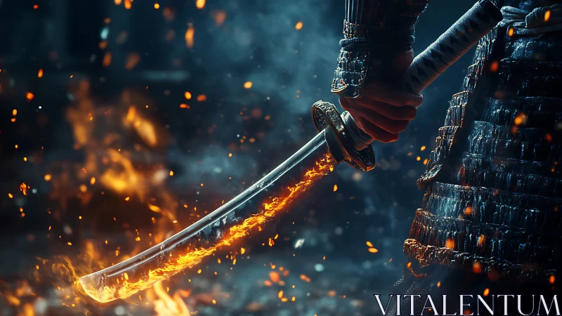 Flaming katana held by armored warrior amid cinematic embers