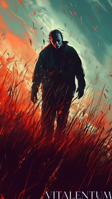 Stalking silhouette strides through burning twilight field.