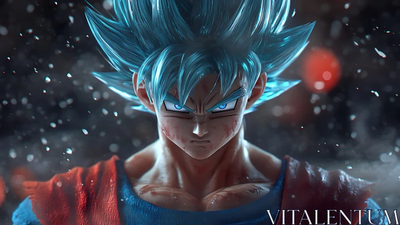 Blue-flared warrior ignites a storm of unyielding fury.