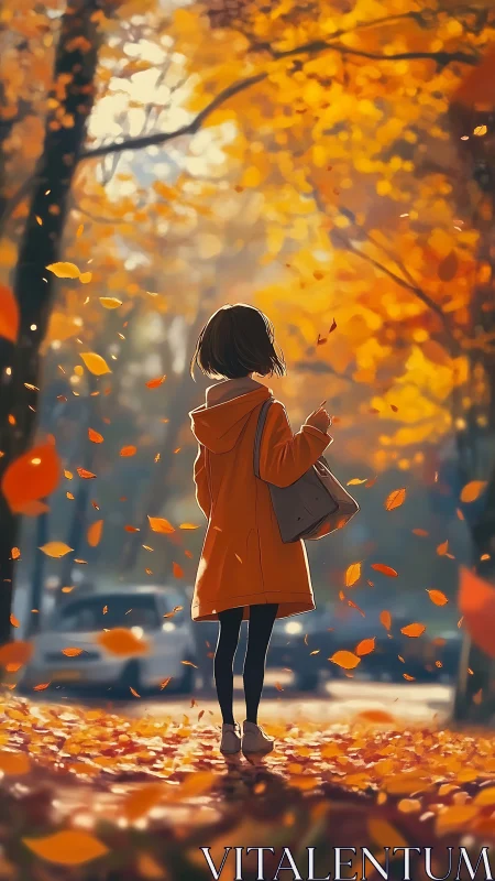 Backlit girl in orange coat on leaf strewn autumn street