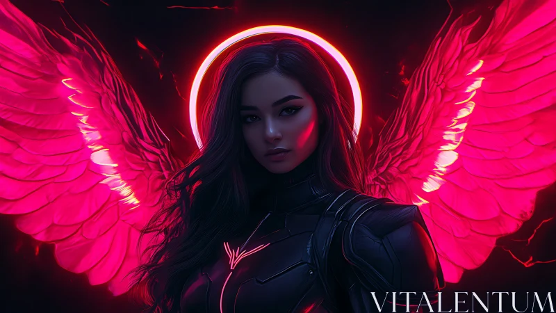 Neon-winged cyber angel in dark armor portrait.