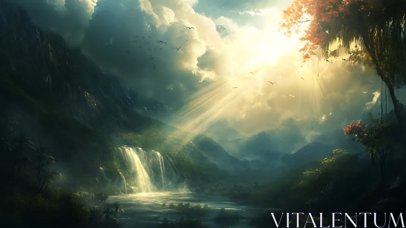 Sunlit waterfalls pour into a tranquil misty valley sanctuary