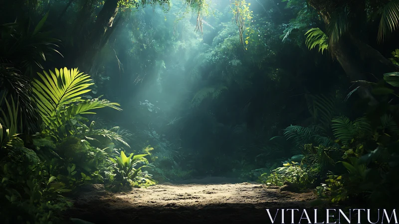 Sunlit jungle path enclosed by towering palms.