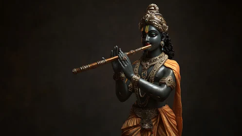 Divine flute-player carves liquid gold notes from darkness