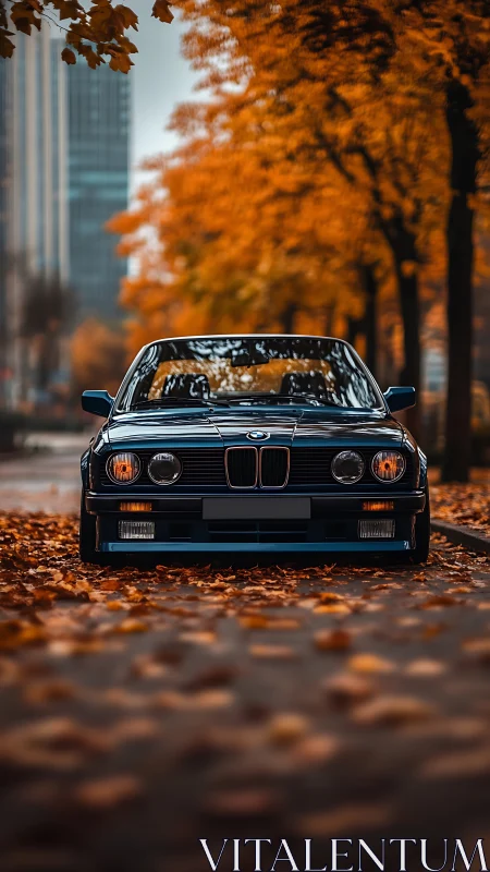 Classic black coupe stands on autumn leaf covered city street
