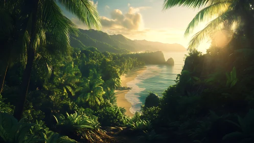 Tropical Coastal Valley with Palm Framing at Sunset.