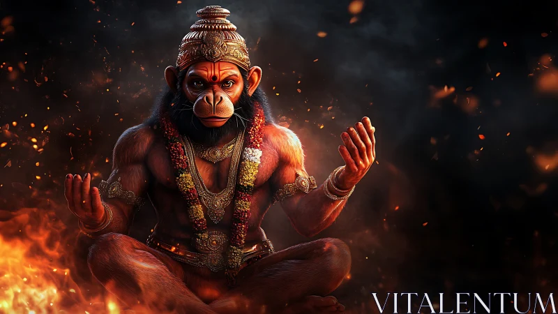Firelit monkey deity meditates amid swirling embers of night.
