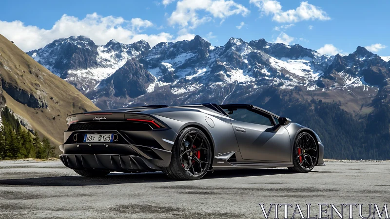 Matte gray supercar stands on alpine pass below rugged peaks