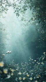Ethereal Garden With Daisies: Atmospheric Luminosity Depth Composition.