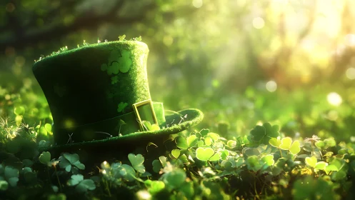 Green clover top hat rests in glowing forest meadow light
