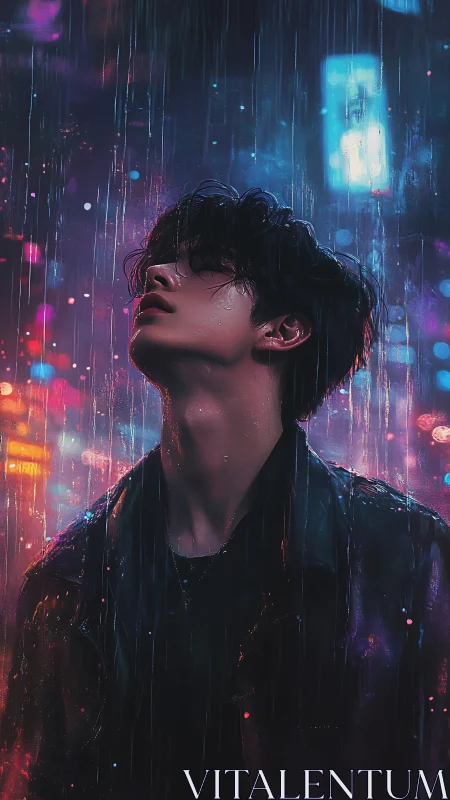 Solitary figure studies neon rain under cyberpunk city glow