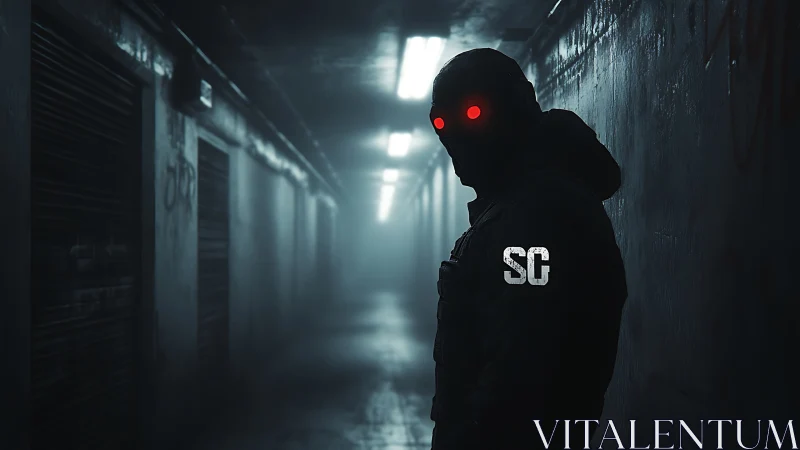 Hooded operative with red lenses in foggy neon corridor.