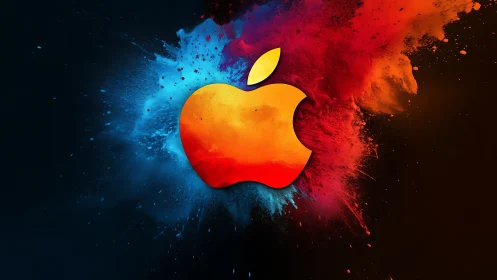 Vibrant apple logo over blue and red color explosion.