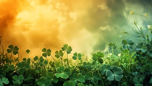 Foreground clover foliage stands before graded sunset sky