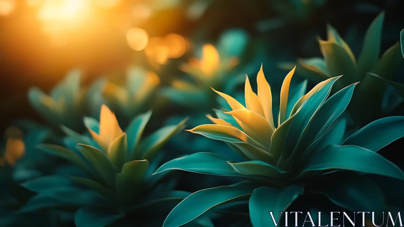 Golden light gently warms glowing green succulent leaves