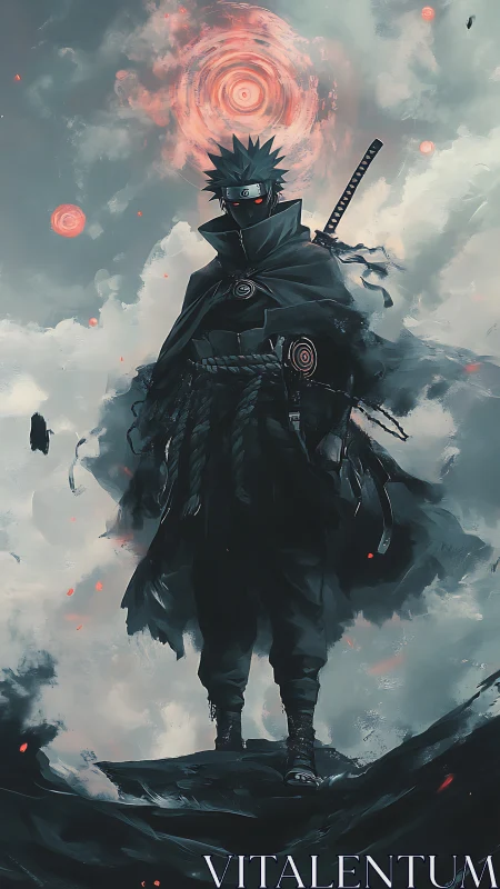Storm-crowned shinobi strides through swirling crimson halos