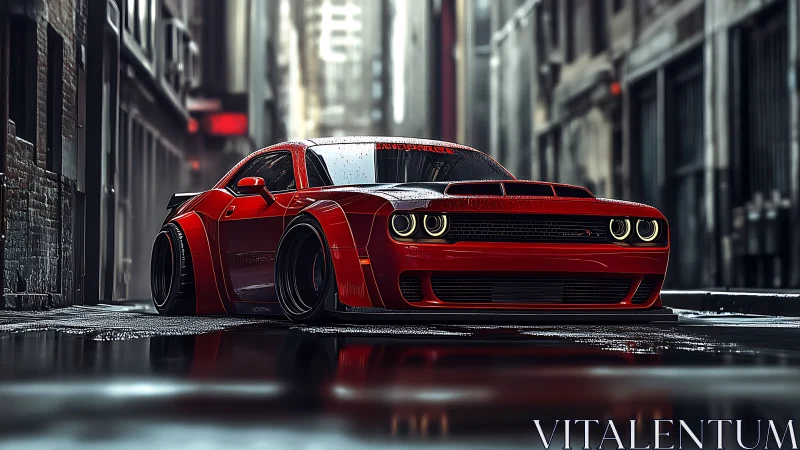 Lowered red muscle car in wet neon city alleyway.