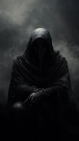 Hooded plague doctor figure shrouded in dense shadow.