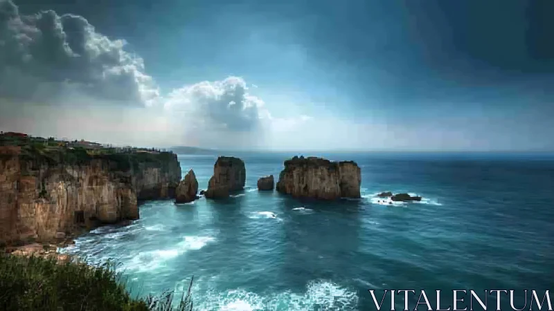 Sunlit sea cliffs welcome rolling waves under a vast sky