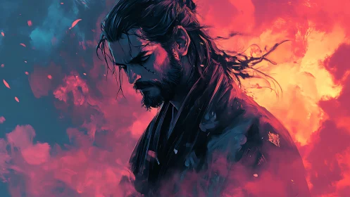Brooding ronin adrift in neon embers and twilight storms.