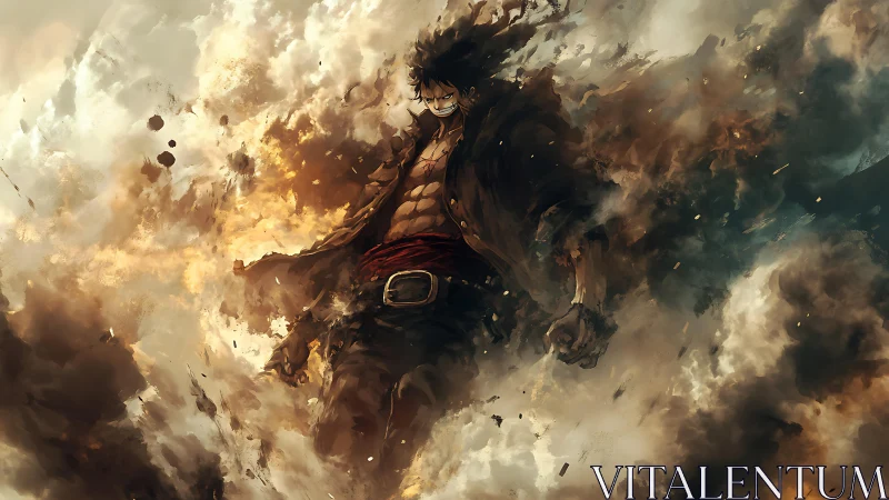 Storm-wreathed warrior strides through burning clouds of power