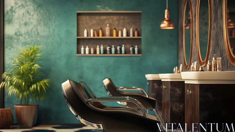 Chic teal hair salon interior glows with warm copper lighting