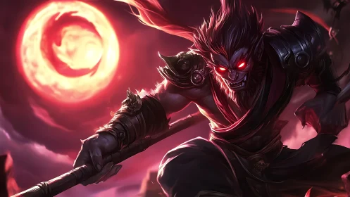 Demonic warrior lunges under a vortex-like blood moon sky