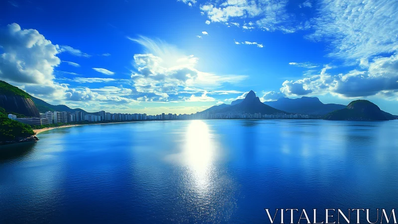 Photorealistic coastal skyline with reflective blue seascape.