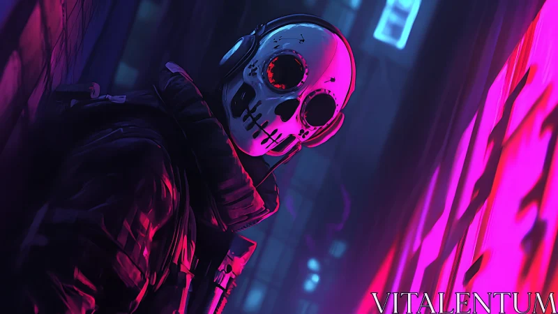 Neon skull-masked operative stalks a cyberpunk alleyway at night