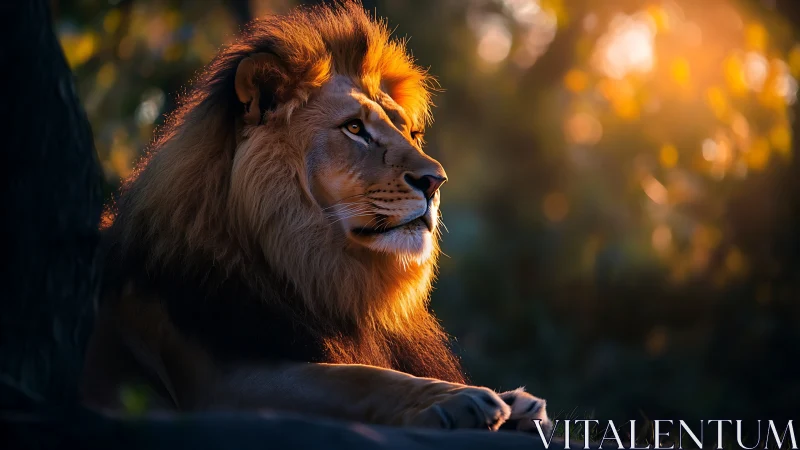Photorealistic lion portrait in cinematic rim lighting at dusk.