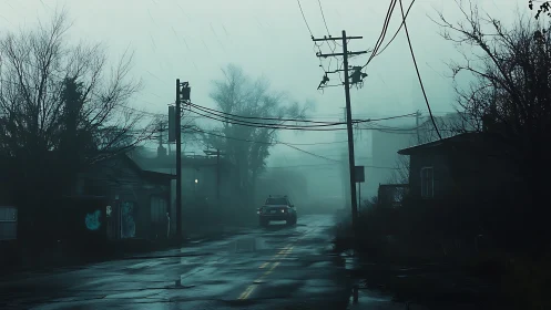 Rain-soaked backstreet car under power lines at dusk.