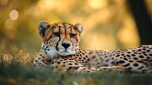 Resting cheetah lies in warm golden backlit grassland