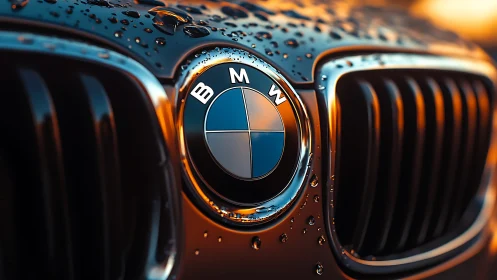 Closeup BMW badge with wet grille in warm sunset light.