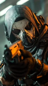 Tactical skull-masked operator aiming pistol in neon light.