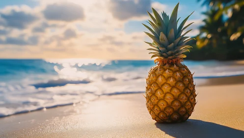 Tropical Pineapple on Sandy Beach with Ocean Backdrop.