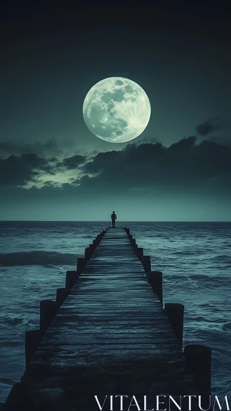 Solitary figure on pier aligned with oversized full moon