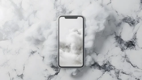 Modern smartphone on marble with surreal smoke effect, minimal style.