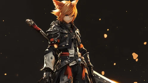 Fiery fox-eared warrior stands ready amid drifting embers