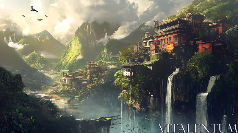 Mountain temple city clings to cliffs above misty waterfalls.