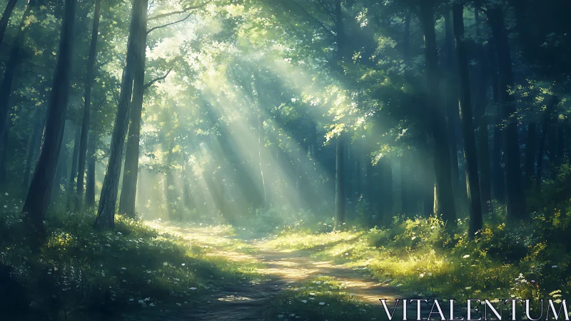 Sunlit forest path under soft morning rays. Period.