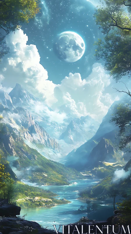 Celestial moonlit valley renders atmospheric depth and scale