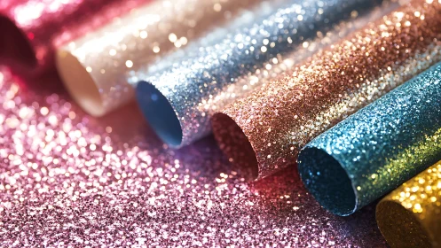 Glittering paper rolls in soft-focus rainbow studio light.
