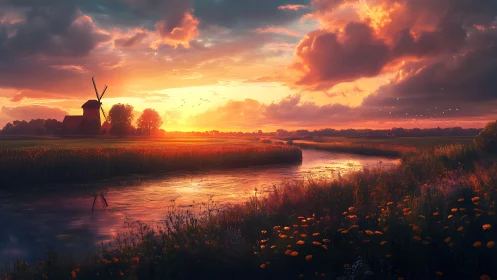 Sunlit river meadow and distant windmill rendered in digital realism