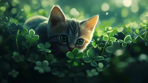Feline subject positioned among clover vegetation in soft-focused setting