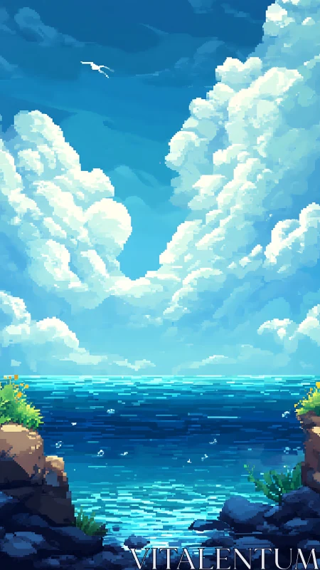 Soft clouds embrace a tranquil pixel sea under bright sky