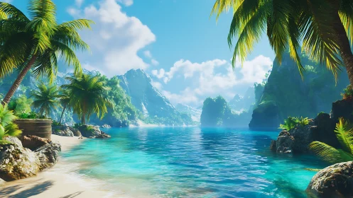 Tropical lagoon sanctuary framed by limestone karst formations and palm canopy