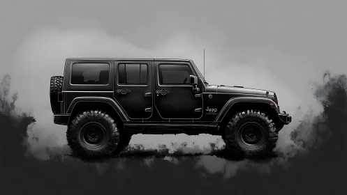 Side-profile rendering of lifted black off-road SUV in mist