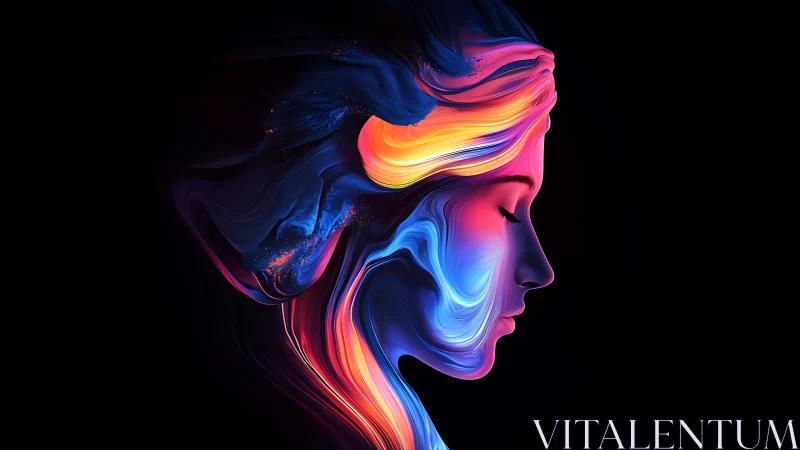 Profile silhouette in multicolored abstract light flows.